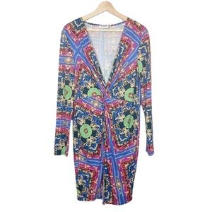NWOT Flounce London Wrap Midi Dress Multicolor Long Sleeves V Neck Sz 12